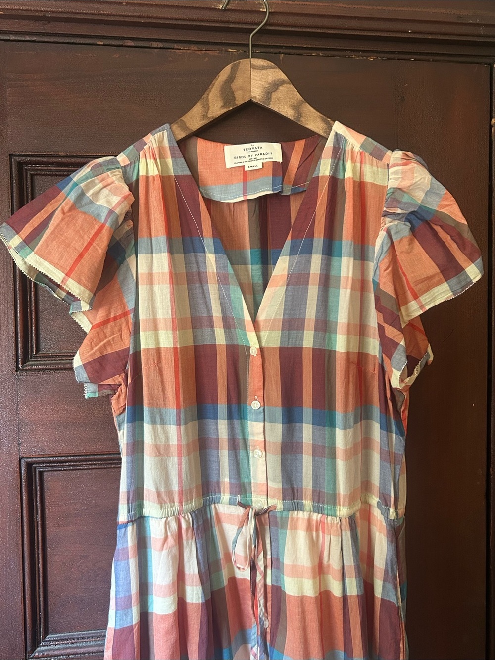 Trovata Birds of Paradis Kristi Dress Market Plaid Boho Flutter Sleeve Cottage - Picture 7 of 13